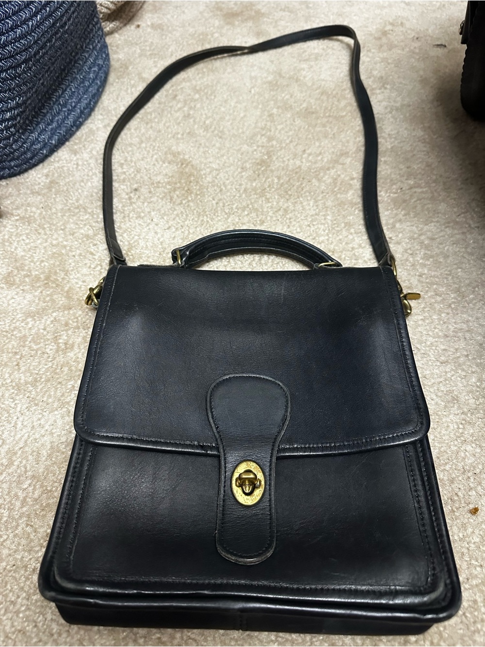 Vintage Coach City Bag Black Leather Satchel with Brass-Tone Turn Lock